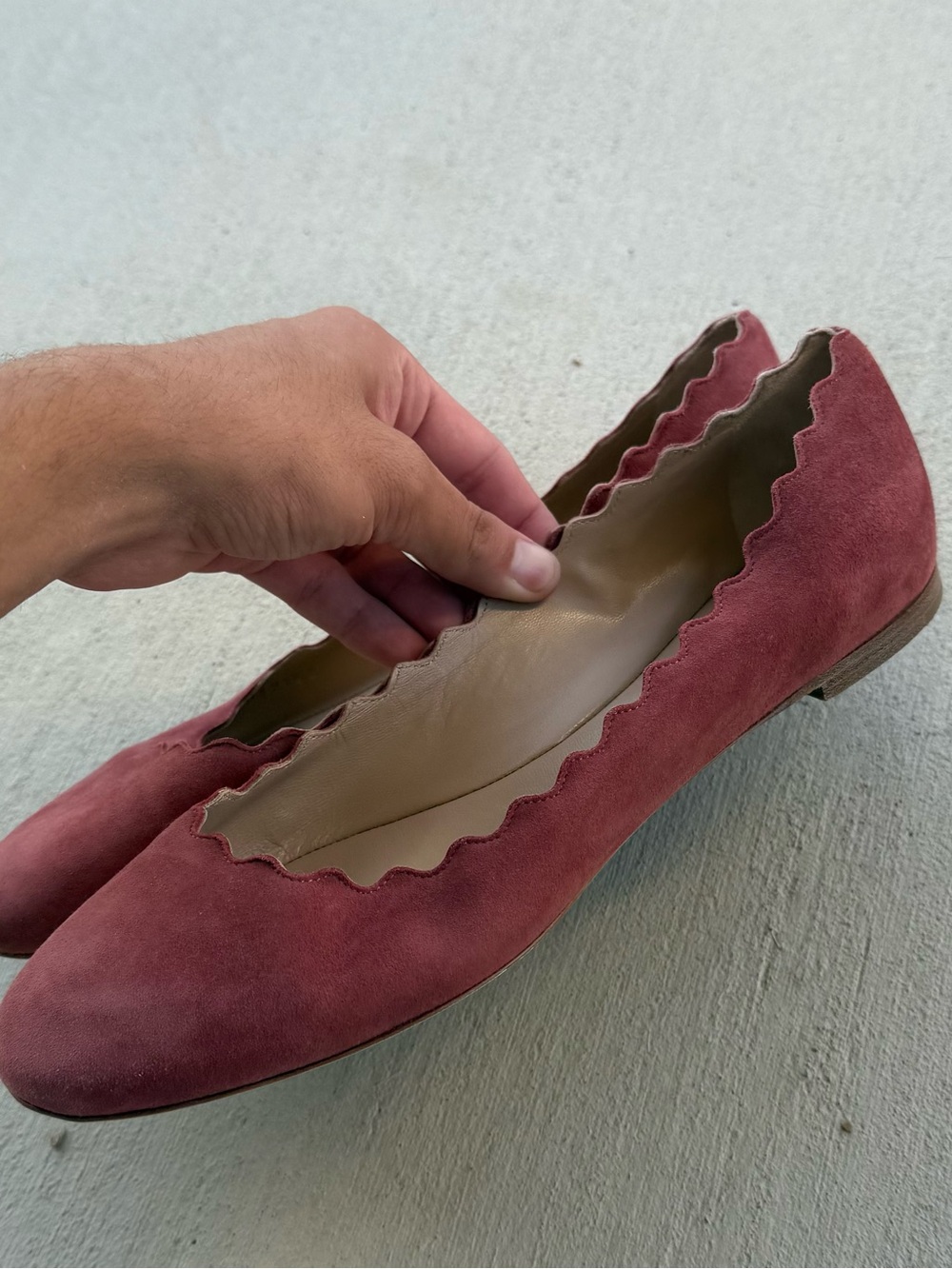 Chloe Scalloped Suede Ballet Flats in Dusty Rose